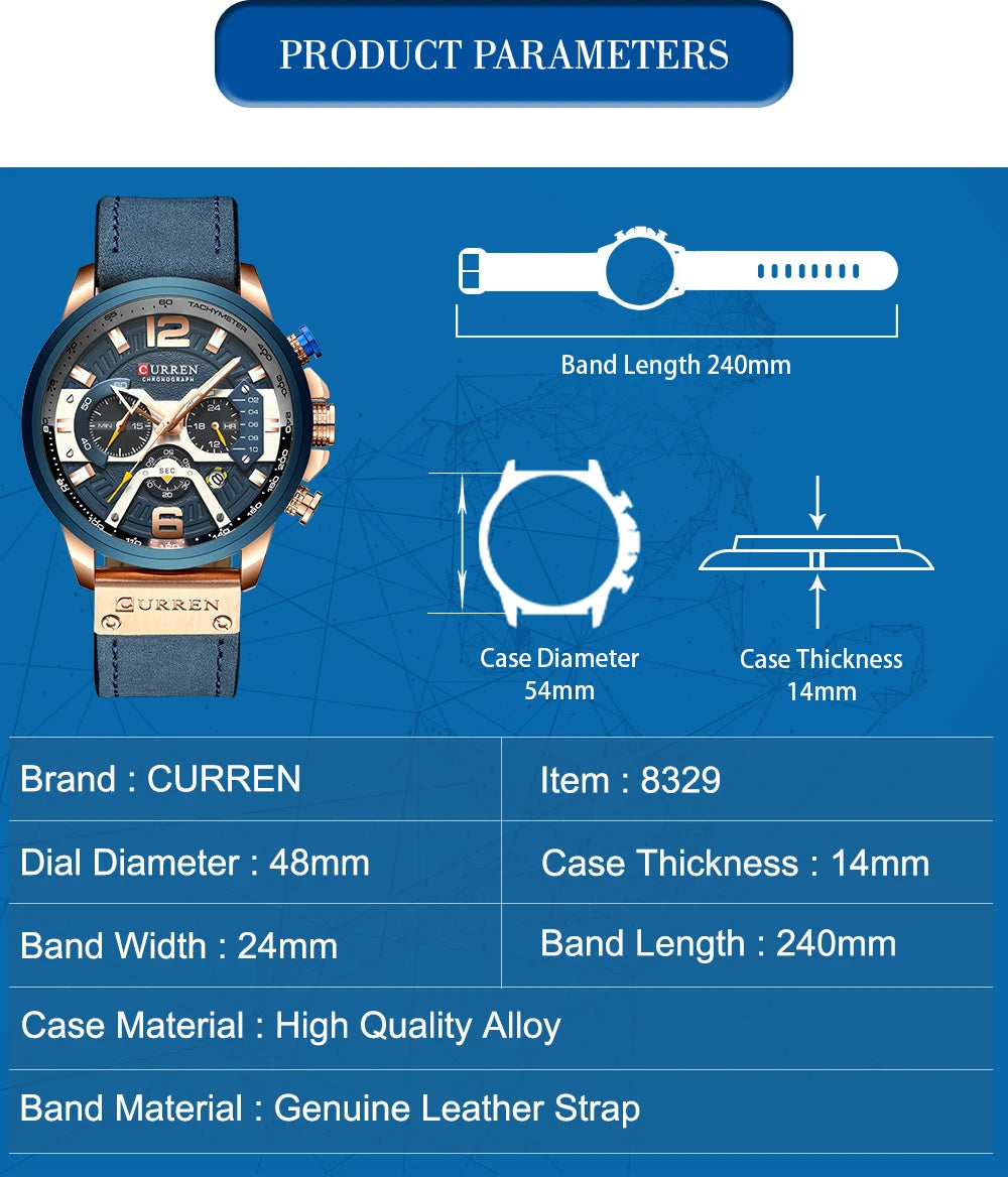 CURREN Casual Sport Watches for Men Blue Top Brand Luxury Military Leather Wrist Watch Man Clock Fashion Chronograph Wristwatch