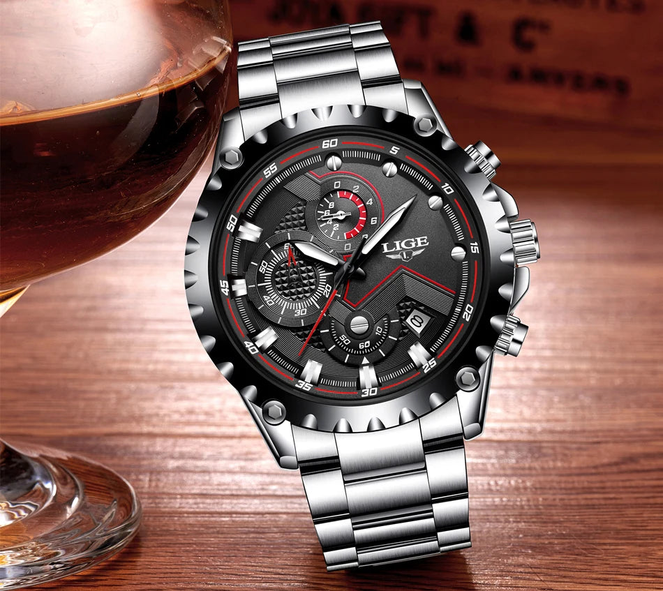 Montre pour homme LIGE – Montre à quartz tendance, marque de luxe, tout en acier, style professionnel, étanche et sportive – Livrée avec boîte