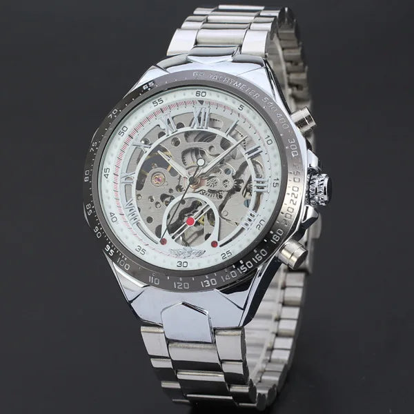 Relógio mecânico automático para homem WINNER – Modelo esqueleto, bracelete em aço inoxidável, design desportivo, marca de luxo