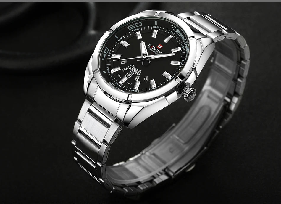 Montre pour homme NAVIFORCE, entièrement en acier, étanche, style décontracté, mouvement à quartz avec affichage de la date – Montre-bracelet de luxe pour homme, d'une marque de premier plan.