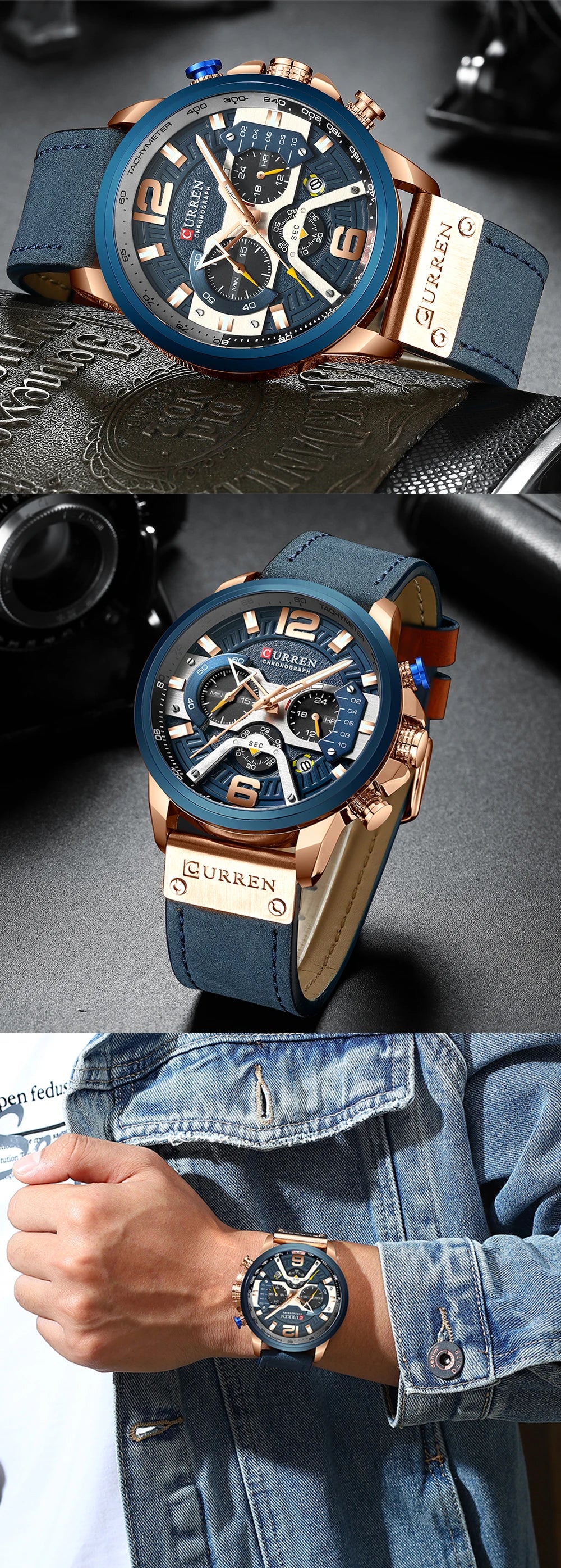 CURREN Casual Sport Watches for Men Blue Top Brand Luxury Military Leather Wrist Watch Man Clock Fashion Chronograph Wristwatch