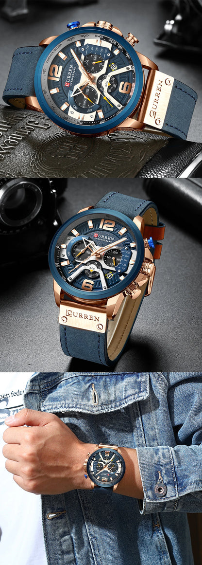 CURREN Casual Sport Watches for Men Blue Top Brand Luxury Military Leather Wrist Watch Man Clock Fashion Chronograph Wristwatch
