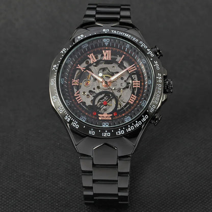 Relógio mecânico automático para homem WINNER – Modelo esqueleto, bracelete em aço inoxidável, design desportivo, marca de luxo