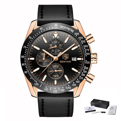 Montres de luxe pour hommes BENYAR – Montres-bracelets à quartz avec bracelet en cuir, étanches jusqu'à 30 m, style sportif.