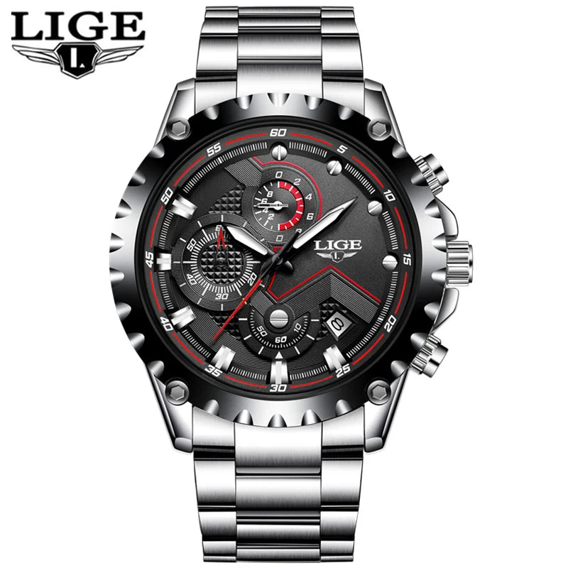 Montre pour homme LIGE – Montre à quartz tendance, marque de luxe, tout en acier, style professionnel, étanche et sportive – Livrée avec boîte
