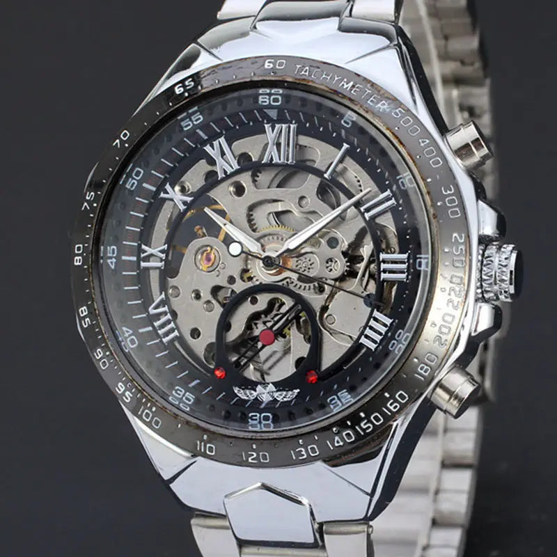 Relógio mecânico automático para homem WINNER – Modelo esqueleto, bracelete em aço inoxidável, design desportivo, marca de luxo