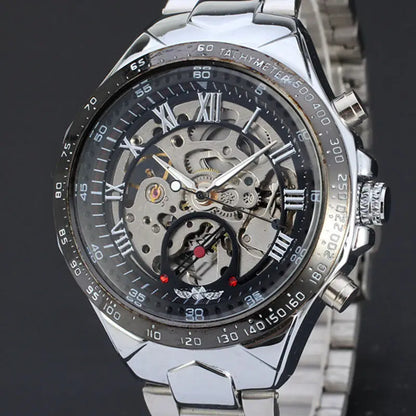 Relógio mecânico automático para homem WINNER – Modelo esqueleto, bracelete em aço inoxidável, design desportivo, marca de luxo