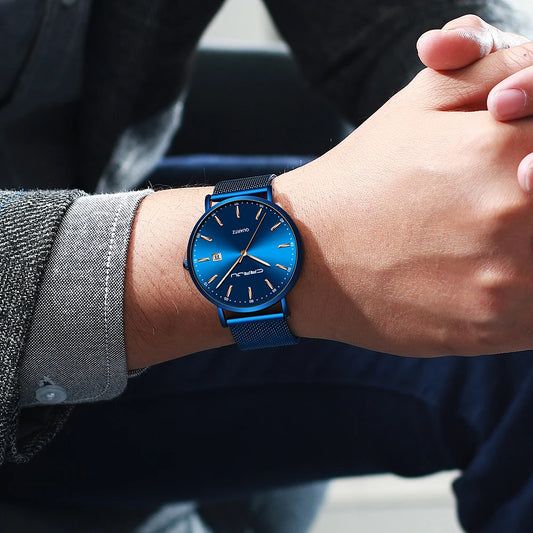 Orologio al quarzo da uomo CRRJU – Modello di lusso, impermeabile, quadrante blu, design raffinato ed elegante, con datario, bracciale a maglia metallica, stile sportivo e casual