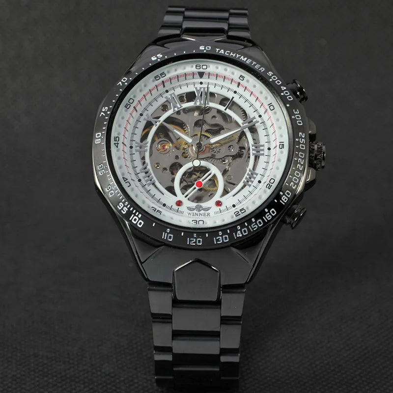 Relógio mecânico automático para homem WINNER – Modelo esqueleto, bracelete em aço inoxidável, design desportivo, marca de luxo