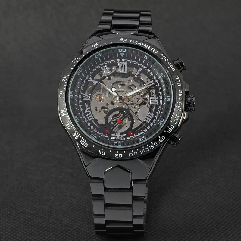 Relógio mecânico automático para homem WINNER – Modelo esqueleto, bracelete em aço inoxidável, design desportivo, marca de luxo