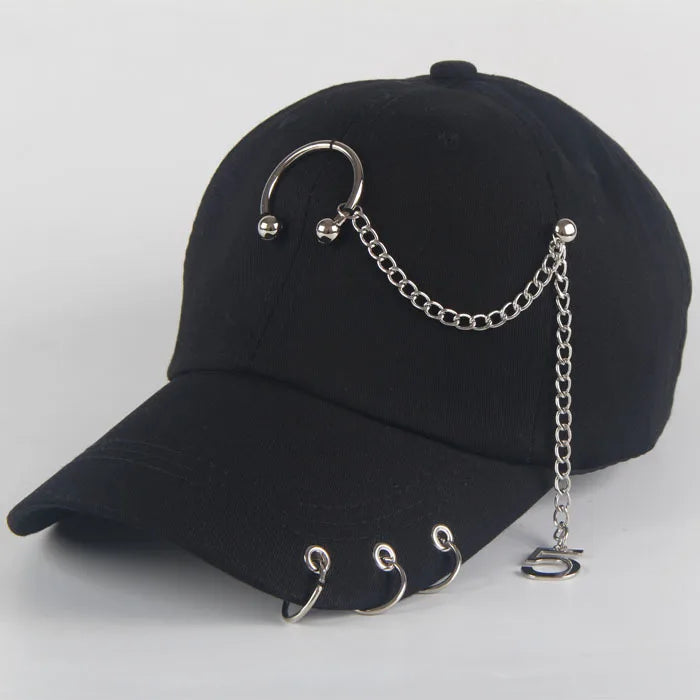 Șapcă de baseball din bumbac în stil hip-hop, cu design creativ, cu inele de piercing, în stil punk, casual pentru adulți, unisex, ajustabilă, cu sistem snapback