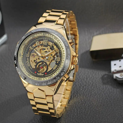 Relógio mecânico automático para homem WINNER – Modelo esqueleto, bracelete em aço inoxidável, design desportivo, marca de luxo