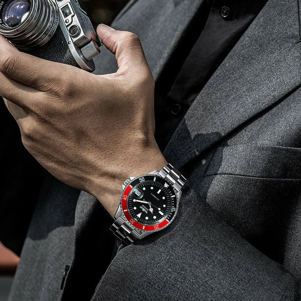 Classic mechanical watch for men – Luxury brand, business style, automatic movement, rotating bezel, luminescent dial, steel bracelet