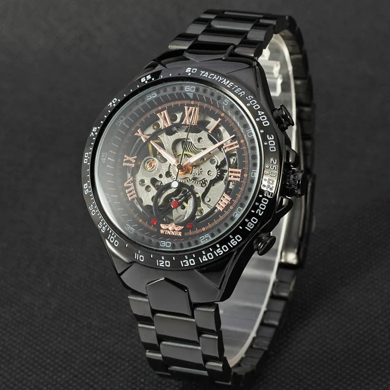 Relógio mecânico automático para homem WINNER – Modelo esqueleto, bracelete em aço inoxidável, design desportivo, marca de luxo