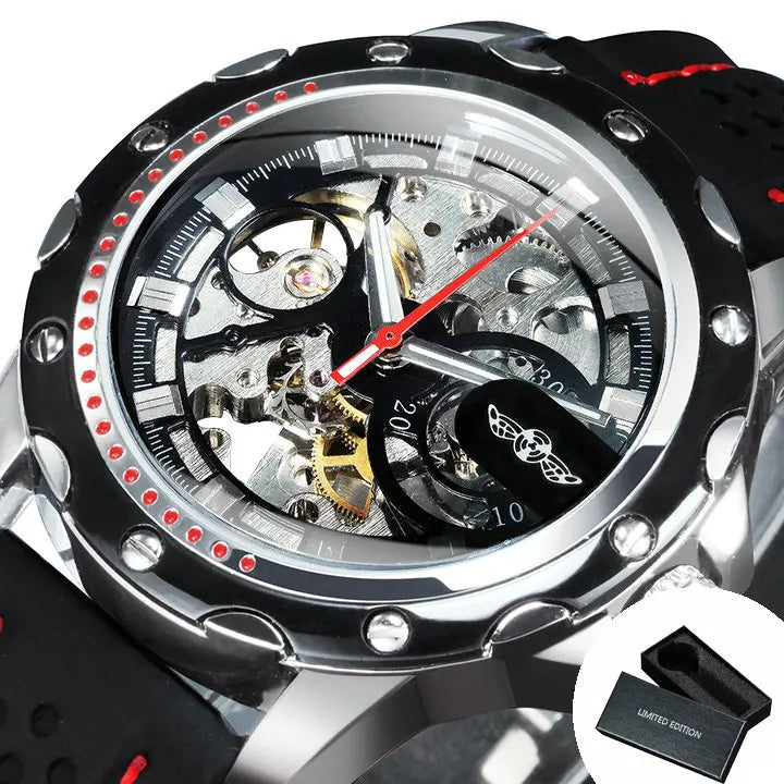 WINNER men’s automatic watch – Skeletonised mechanical model, luminescent hands, rubber strap, sporty yet luxurious style, ideal for outdoor activities