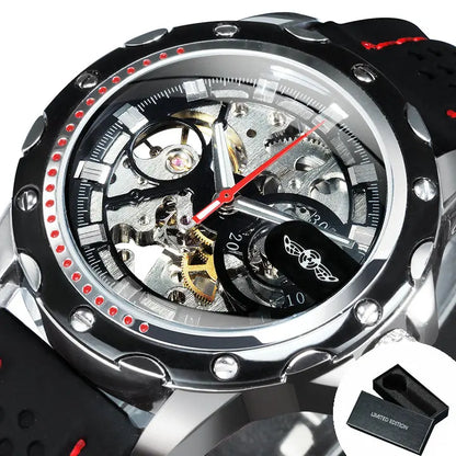 WINNER men’s automatic watch – Skeletonised mechanical model, luminescent hands, rubber strap, sporty yet luxurious style, ideal for outdoor activities