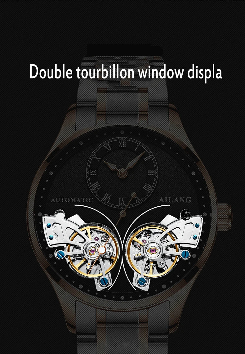 AILANG brandneue modische Double-Tourbillon-Uhr für Herren, Luxus-Edelstahl, wasserdicht, automatisch-mechanische Herrenuhr