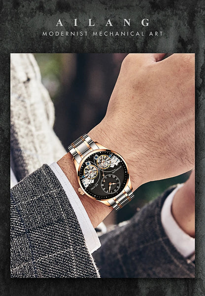 AILANG brandneue modische Double-Tourbillon-Uhr für Herren, Luxus-Edelstahl, wasserdicht, automatisch-mechanische Herrenuhr
