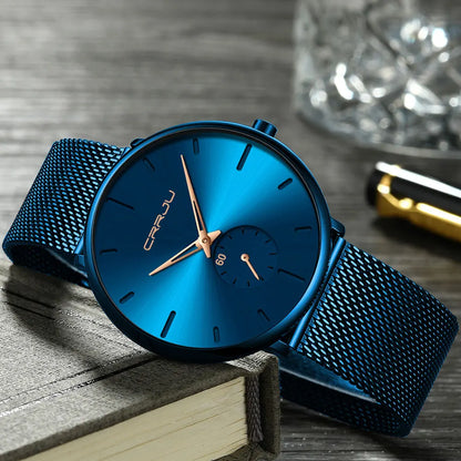 Montre pour homme CRRJU – Montre à quartz de luxe, style décontracté, fine, avec bracelet en maille d'acier, étanche et sportive.
