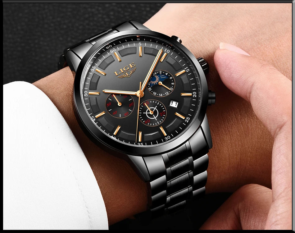 LIGE Men’s Watch – Luxury quartz chronograph, water-resistant (3 bar), with luminescent hands – Gift idea (box included)