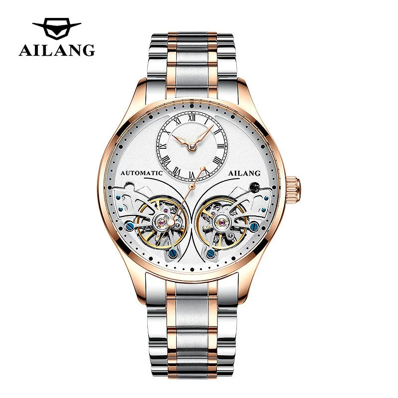AILANG brandneue modische Double-Tourbillon-Uhr für Herren, Luxus-Edelstahl, wasserdicht, automatisch-mechanische Herrenuhr