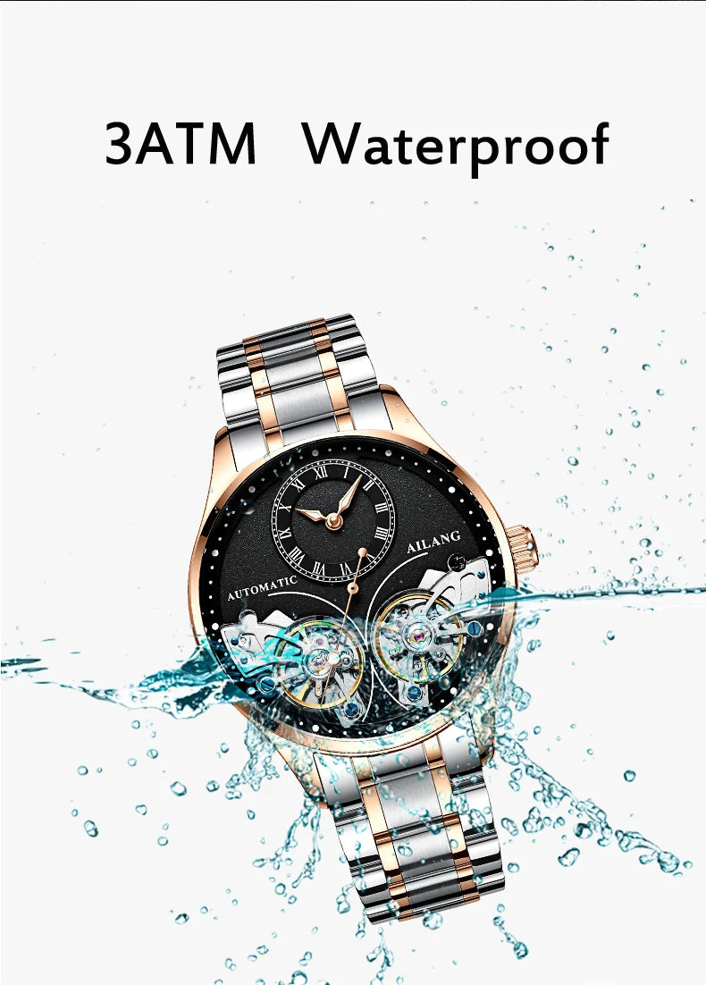 AILANG brandneue modische Double-Tourbillon-Uhr für Herren, Luxus-Edelstahl, wasserdicht, automatisch-mechanische Herrenuhr