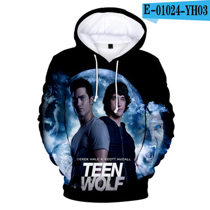 Naujo TV serialo TEEN WOLF 3D rašto džemperiai su gobtuvu vyrams ir moterims, Harajuku stiliaus rudens vaikiški gatvės mados puloveriai, hiphopo džemperis su gobtuvu
