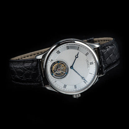 Sugess Tourbillon férfi karóra ST8230, eredeti Tianjin-i szerkezetű, mechanikus, vintage, csontvázszerkezetű karóra, elegáns krokodilbőr szíjjal