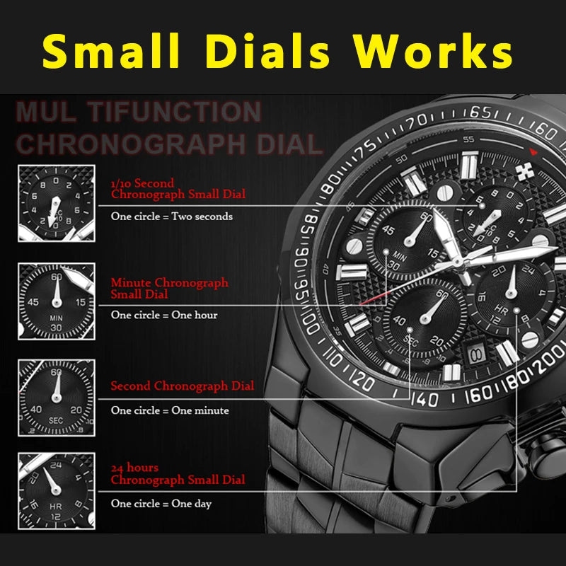 WWOOR Top Brand Luxury Sport Watch For Men Quartz Chronograph Date Luminous Black Full Steel Wrist Watch Male Clock Reloj Hombre