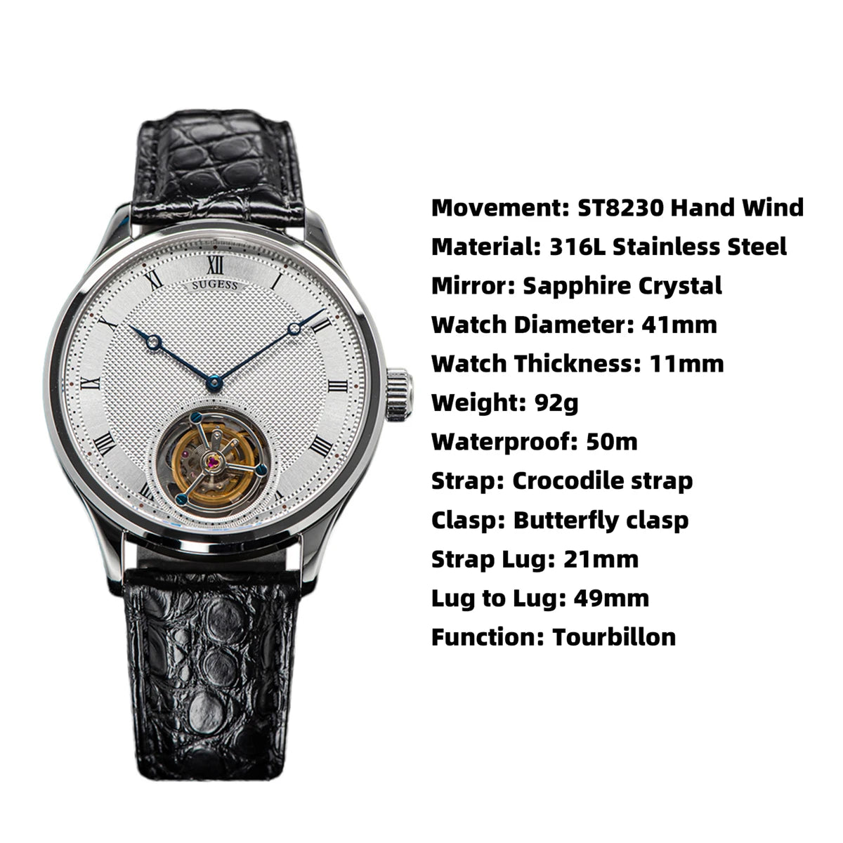 Sugess Tourbillon férfi karóra ST8230, eredeti Tianjin-i szerkezetű, mechanikus, vintage, csontvázszerkezetű karóra, elegáns krokodilbőr szíjjal
