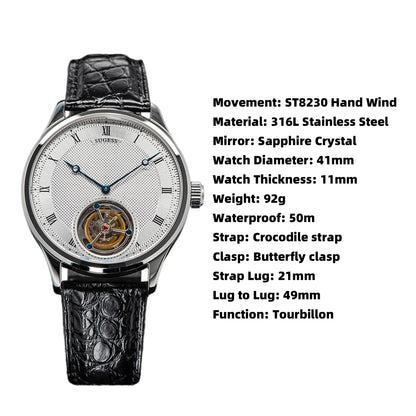 Sugess Tourbillon férfi karóra ST8230, eredeti Tianjin-i szerkezetű, mechanikus, vintage, csontvázszerkezetű karóra, elegáns krokodilbőr szíjjal