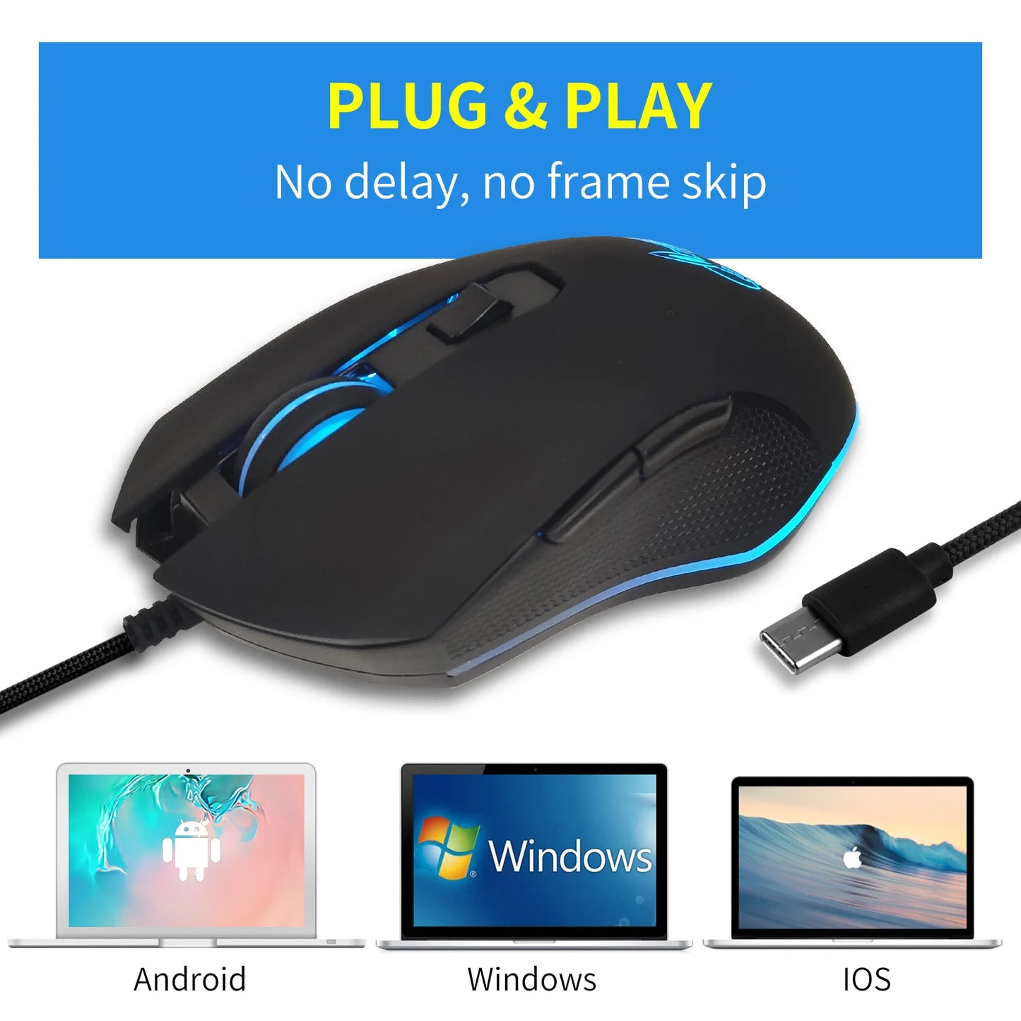 Kolorowa, podświetlana mysz USB-C z wyciszonym kliknięciem do notebooka Type-C – mysz gamingowa
