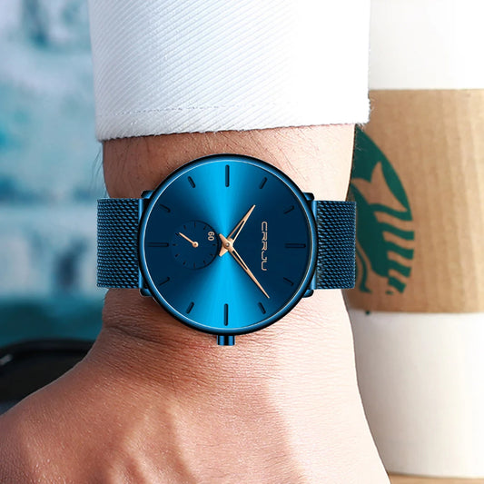 Orologio da uomo CRRJU – Modello blu, stile minimalista e ultrasottile, orologio al quarzo di marca di lusso, impermeabile, ideale per l’uso quotidiano.