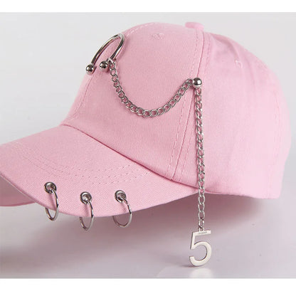 Șapcă de baseball din bumbac în stil hip-hop, cu design creativ, cu inele de piercing, în stil punk, casual pentru adulți, unisex, ajustabilă, cu sistem snapback