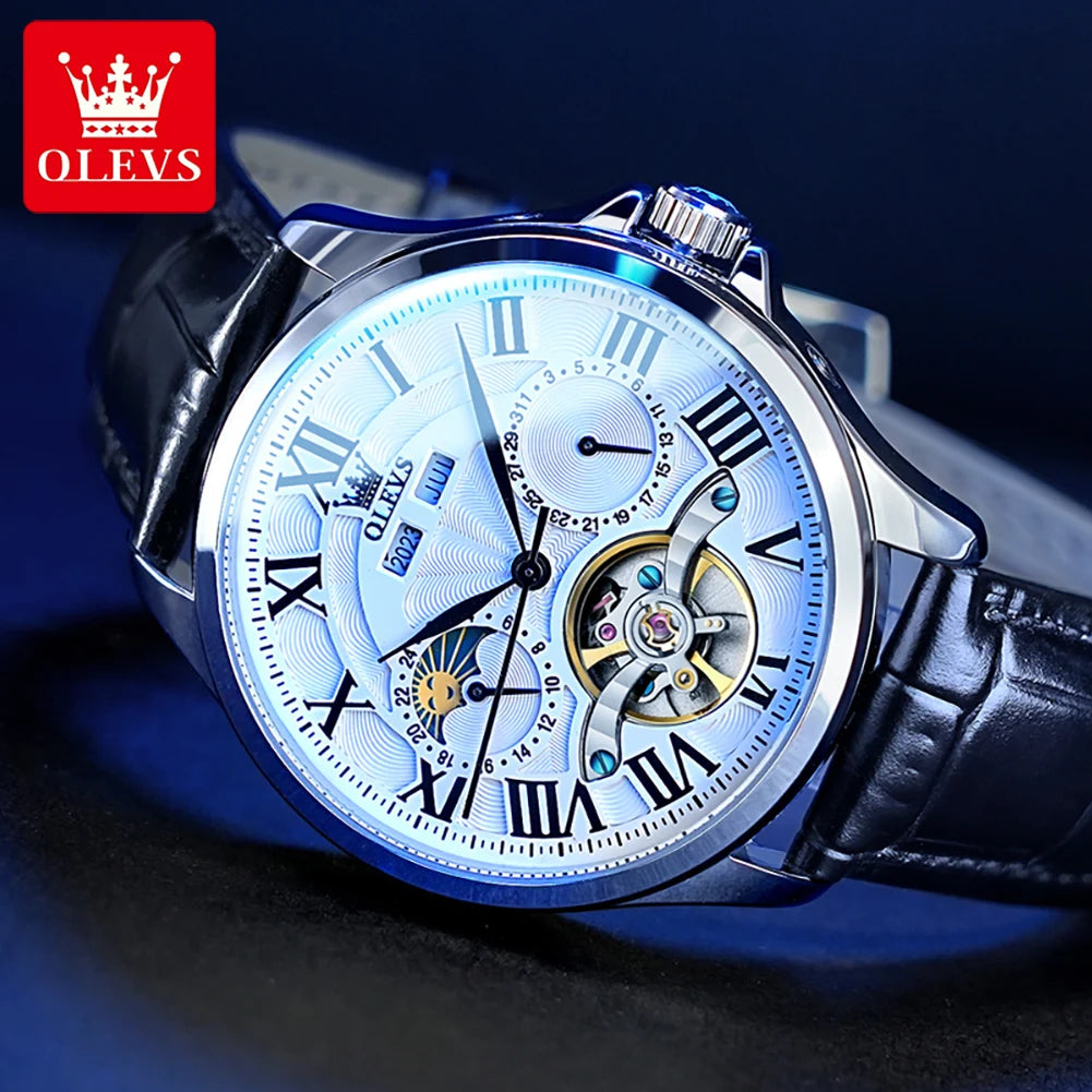 OLEVS 7013 Men’s Automatic Mechanical Watch Moon Phase, Roman Numeral Dial, Skeleton Flywheel, Luminous & 30M Waterproof