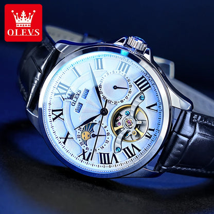 OLEVS 7013 Men’s Automatic Mechanical Watch Moon Phase, Roman Numeral Dial, Skeleton Flywheel, Luminous & 30M Waterproof