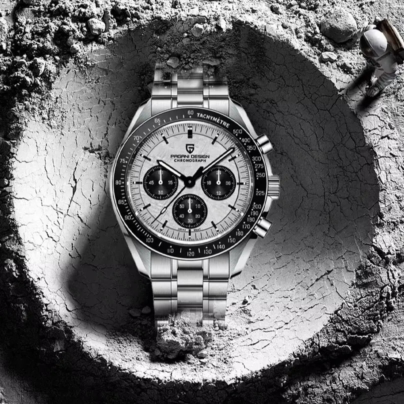PAGANI DESIGN – Nouvelle montre à quartz de luxe pour homme, dotée d’un cadran à motif météorite, chronographe sportif, verre saphir avec traitement antireflet.