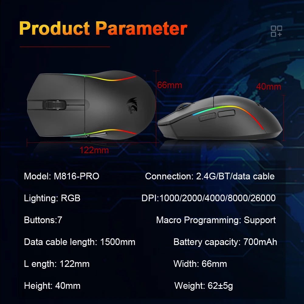 REDRAGON DEICIDE M816 PRO RGB USB gaming miš s podrškom za Bluetooth i 2.4G bežično povezivanje, 26000 DPI, 6 tipki, za gamere, žičani miš za računalo