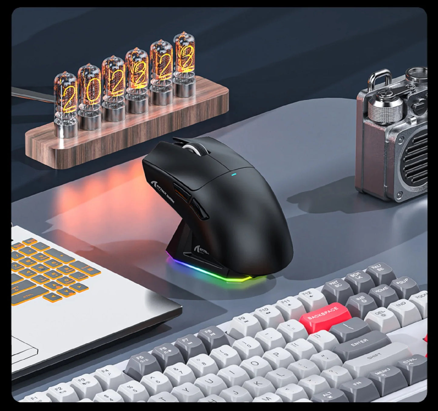 Attack Shark X11&R1 Tri-Mode Bluetooth trådløs mus med opladningsbase, RGB, ergonomisk letvægtsmus, PC-gamer-tilbehør