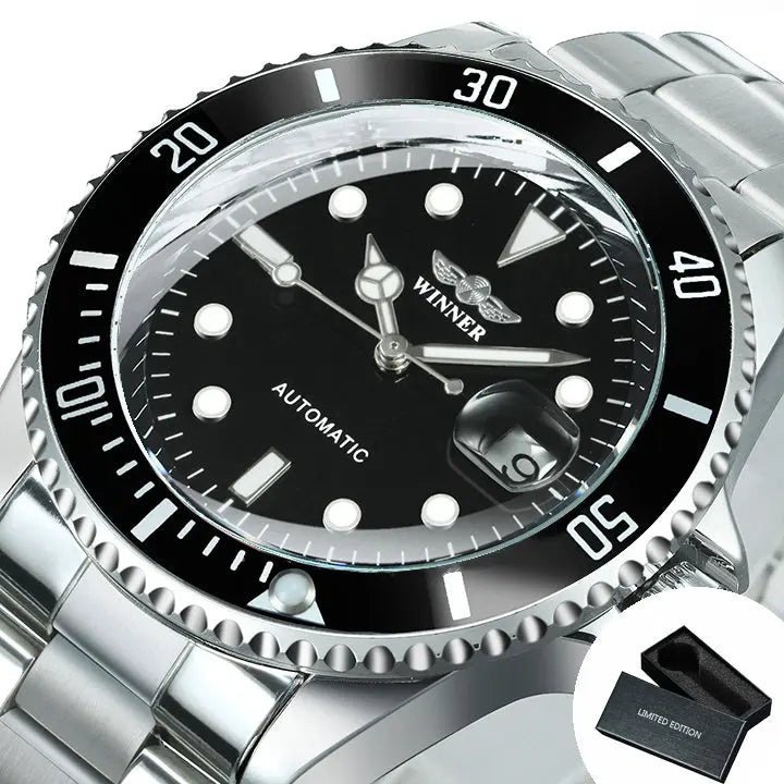 Classic mechanical watch for men – Luxury brand, business style, automatic movement, rotating bezel, luminescent dial, steel bracelet