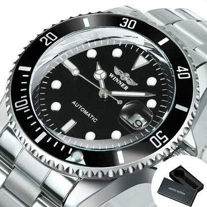 Classic mechanical watch for men – Luxury brand, business style, automatic movement, rotating bezel, luminescent dial, steel bracelet