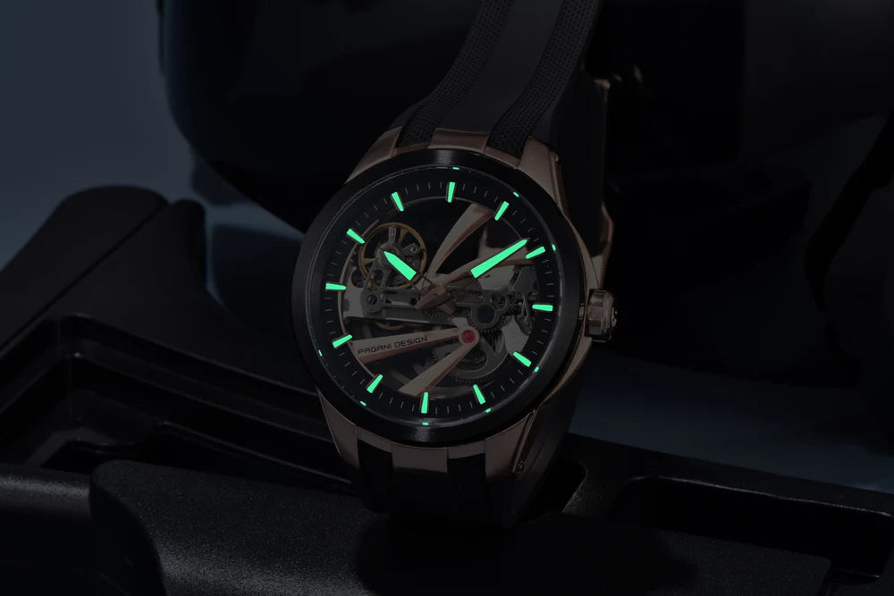 PAGANI DESIGN men’s watch – Luxury automatic mechanical model, ‘skeleton’ (open-heart) style, featuring a tourbillon, sapphire crystal with anti-reflective coating, water-resistant and luminescent.