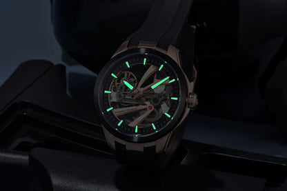 PAGANI DESIGN men’s watch – Luxury automatic mechanical model, ‘skeleton’ (open-heart) style, featuring a tourbillon, sapphire crystal with anti-reflective coating, water-resistant and luminescent.