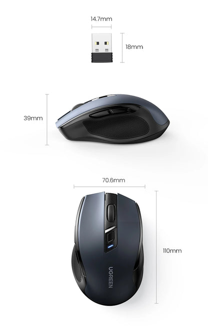 Mysz bezprzewodowa UGREEN Bluetooth 5.0, ergonomiczna, 4000DPI, 6 cichych przycisków, do MacBooka, tabletu, laptopów, komputera PC, 2.4G