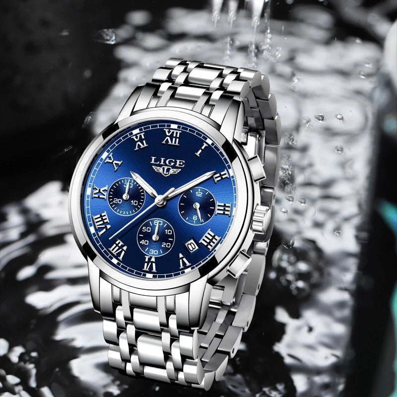 Montre pour homme LIGE – Chronographe de luxe, style sport décontracté, étanche, entièrement en acier, mouvement à quartz