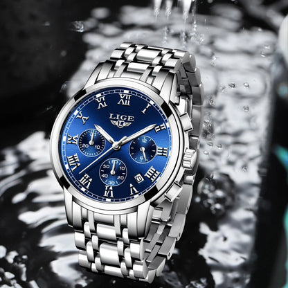 Montre pour homme LIGE – Chronographe de luxe, style sport décontracté, étanche, entièrement en acier, mouvement à quartz
