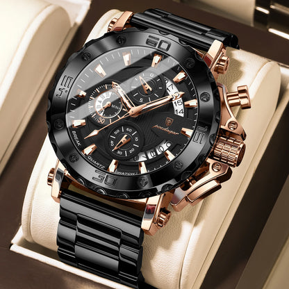 Montre homme de luxe POEDAGAR, lumineuse, étanche, chronographe, date, acier inoxydable, quartz, Reloj