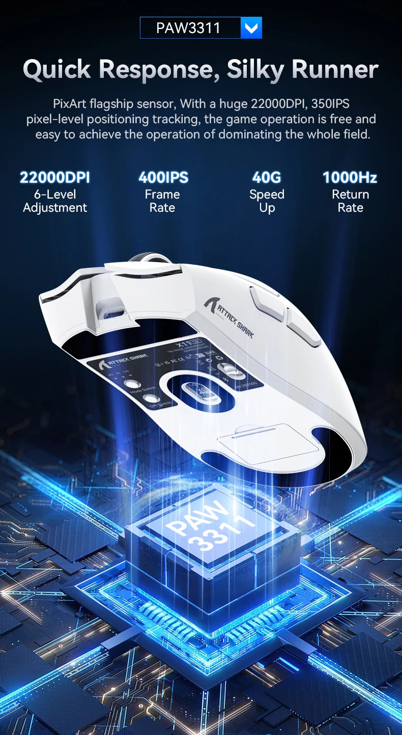 ATTACK SHARK X11SE trådløs gamingmus, tri-mode, 63g superlet med PAW3311-sensor, 22000 DPI, 300mAh batteri, dobbelt driver