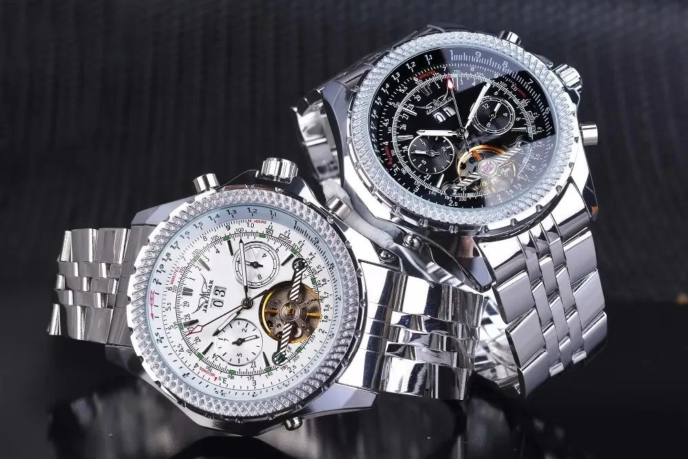 JARAGAR 034 luxury retro automatic mechanical watch, tourbillon, skeletonised case, stainless steel, week calendar, men’s watch