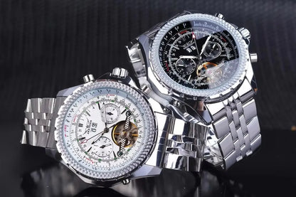 JARAGAR 034 luxury retro automatic mechanical watch, tourbillon, skeletonised case, stainless steel, week calendar, men’s watch